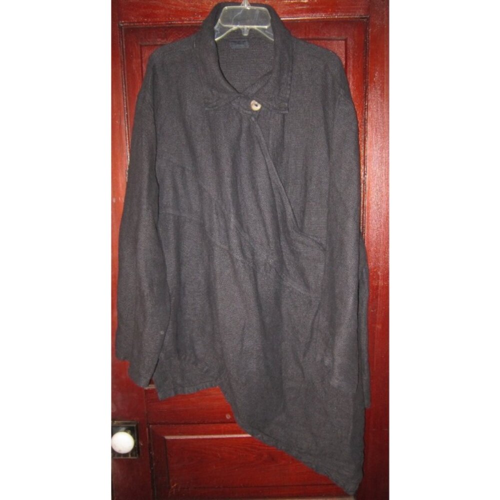 UNO Danmark One Size 100% Heavy Linen Lagenlook Jacket Coat Black Wrap Artisan